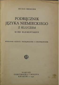 Podręcznik języka niemieckiego z kluczem kurs elementarny 1940 r