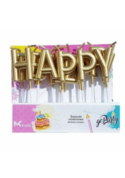 Świeczki urodzinowe złote metaliczne Happy Birthday