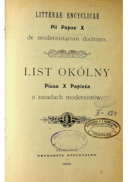 List okólny Piusa X Papieża o zasadach modernistów 1908r