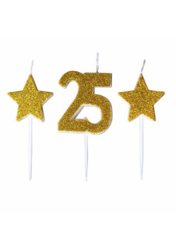 Świeczki urodzinowe złoty brokat, cyfra "25"
