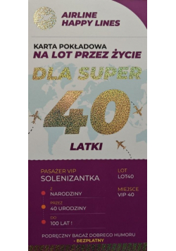 Karnet karta pokładowa 40 urodziny damskie