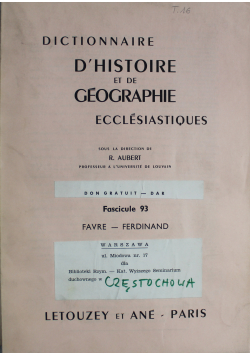 Dictionnaire D Histoire et de Geographie Ecclesiastiques Fascicule 93