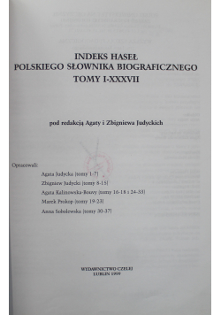 Indeks haseł Polskiego słownika biograficznego Tom I - XXXVII