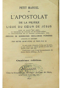 Petit Manuel de Lapostolat de la priere ligue du coueur de Jesus 1872 r.