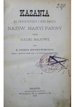 Kazania na uroczystości i inne święta Najświętszej Maryi Panny 1878 r.