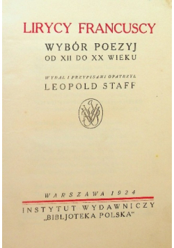 Lirycy francuscy Wybór poezji 1924 r.