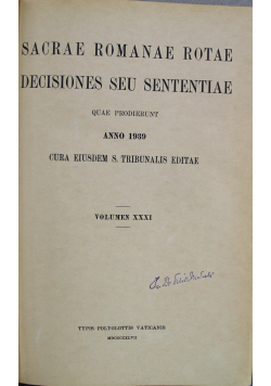 Sacrae Romanae Rotae Decisiones Seu Sententiae Volumen XXXI 1939 r.