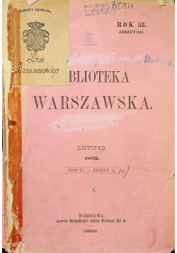 Biblioteka Warszawska Listopad Tom 4 zeszyt 2 1892 r.