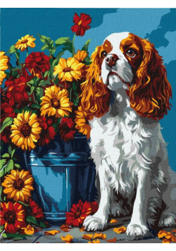 Malowanie po numerach - Spaniel i kwiaty 30x40cm