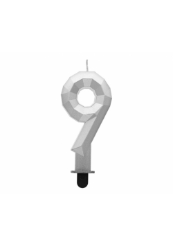 Świeczka cyferka 9 - Diament metalik srebrny 7,6cm
