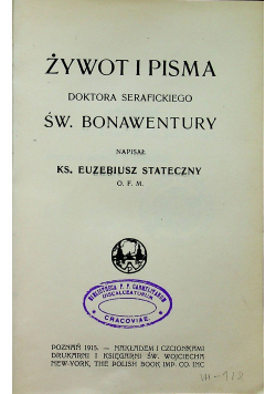 Żywot i pisma doktora serafickiego Św Bonawentury 1914 r.