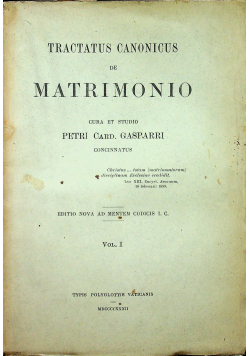 Tractatus Canonicus de Matrimonio Vol I  1932 r.