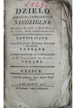 Dzieło homiliyno kaznodzieyskie niedzielne Część I 1807 r.