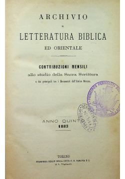 Archivio di Letteratura Biblica Anno Quinto 1883 r