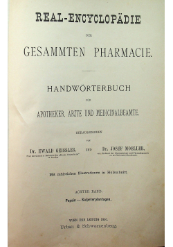 Real Encyclopadie der Gesammten Pharmacie Handworterbuch Achter Band 1890 r