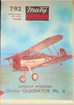 Mały modelarz Miesięcznik Ligi Obrony Kraju dla Młodzieży Nr 7 / 92 Samolot myśliwski Gloster Gladiator Mk II