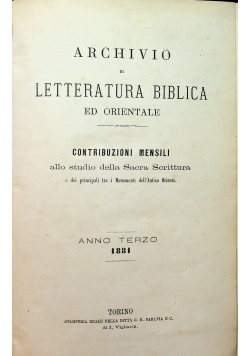 Archivio di Letteratura Biblica Anno Terzo 1881 r.