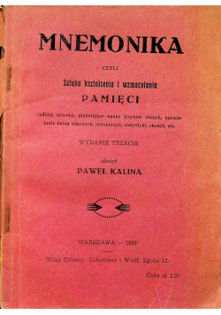 Mnemonika czyli sztuka kształcenia i wzmacniania pamięci 1939 r.