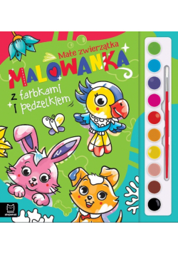 Malowanka z farbkami i pędzelkiem. Małe zwierzątka