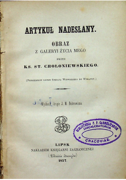 Artykuł nadesłany oraz z galeryi życia mego 1857 r.