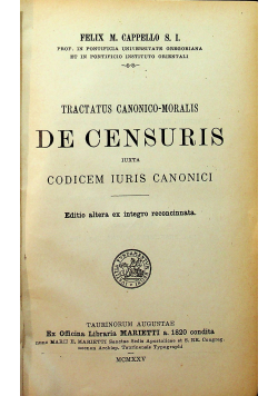 Tractatus Canonico Moralis De Censuris Iuxta Codicem Iuris Canonici 1925 r.