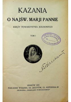 Kazania o Najśw Marji Pannie tom 1 1921 r.