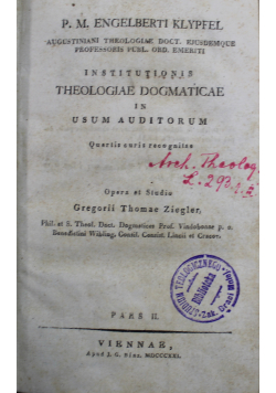 Theologiae Dogmaticae Pars II 1821 r.