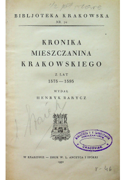 Kronika mieszczanina Krakowskiego z lat 1757 - 1595 1930 r