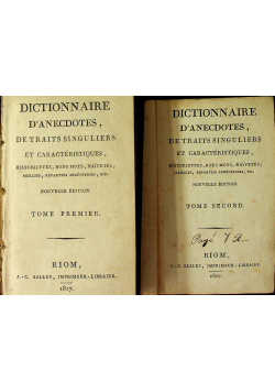 Dictionnaire d anecdotes Tome Primer e Second 1817r
