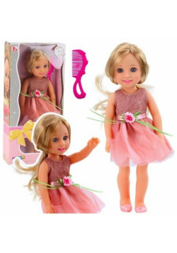Lalka w sukience z kokardką długie włosy róż 38cm