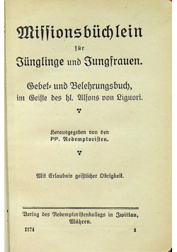 Missionsbuchlein fur Junglinge und Jungfrauen 1924 r.