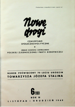 Nowe Drogi Czasopismo Społeczno Polityczne Nr 6 1949 r.