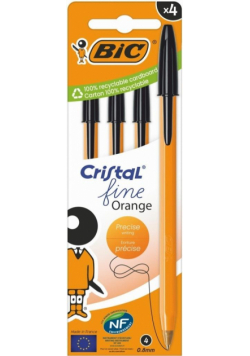Długopis czarny Cristal Fine Orange BIC 0,8mm 4szt.