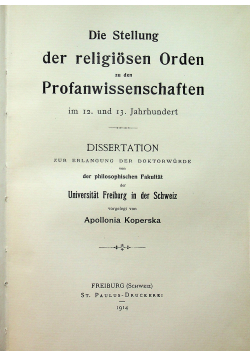 Die Stellung der religiosen Orden zu den Profanwissenschaften 1914 r.