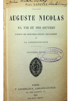 Auguste Nicolas Sa Vie et Ses Oeuvres Troisieme Mille 1896 r.