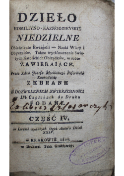 Dzieło Homiliyno Kaznodzieyskie Niedzielne Część IV 1807 r.