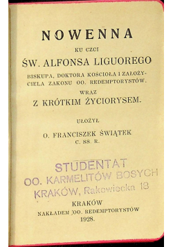 Nowenna ku czci Św Alfonsa Liguorego 1928r