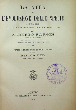 La Vita et Levoluzione Delle Specie 1896 r.