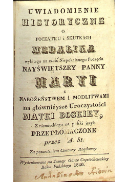 Uwiadomienie historyczne o początku i skutkach Medalika 1840r