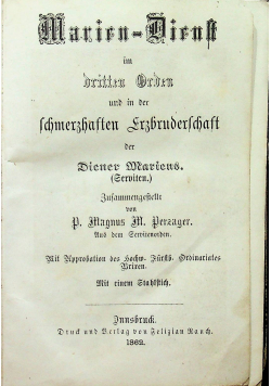 Marien  Dienst im dritten Orden 1862r.